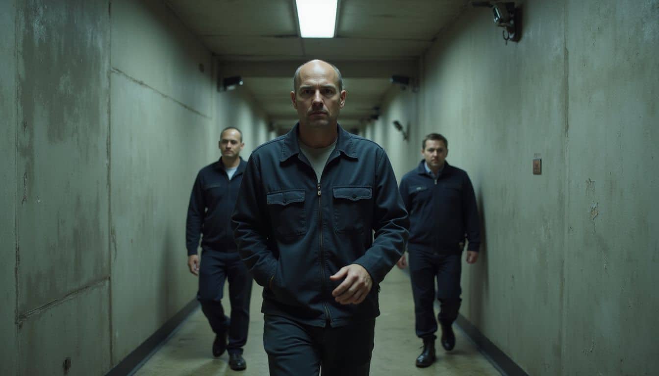 A cautious man walks through a narrow corridor under the watch of patrolling security guards and surveillance cameras. A cautious man walks through a narrow corridor under the watch of patrolling security guards and surveillance cameras.