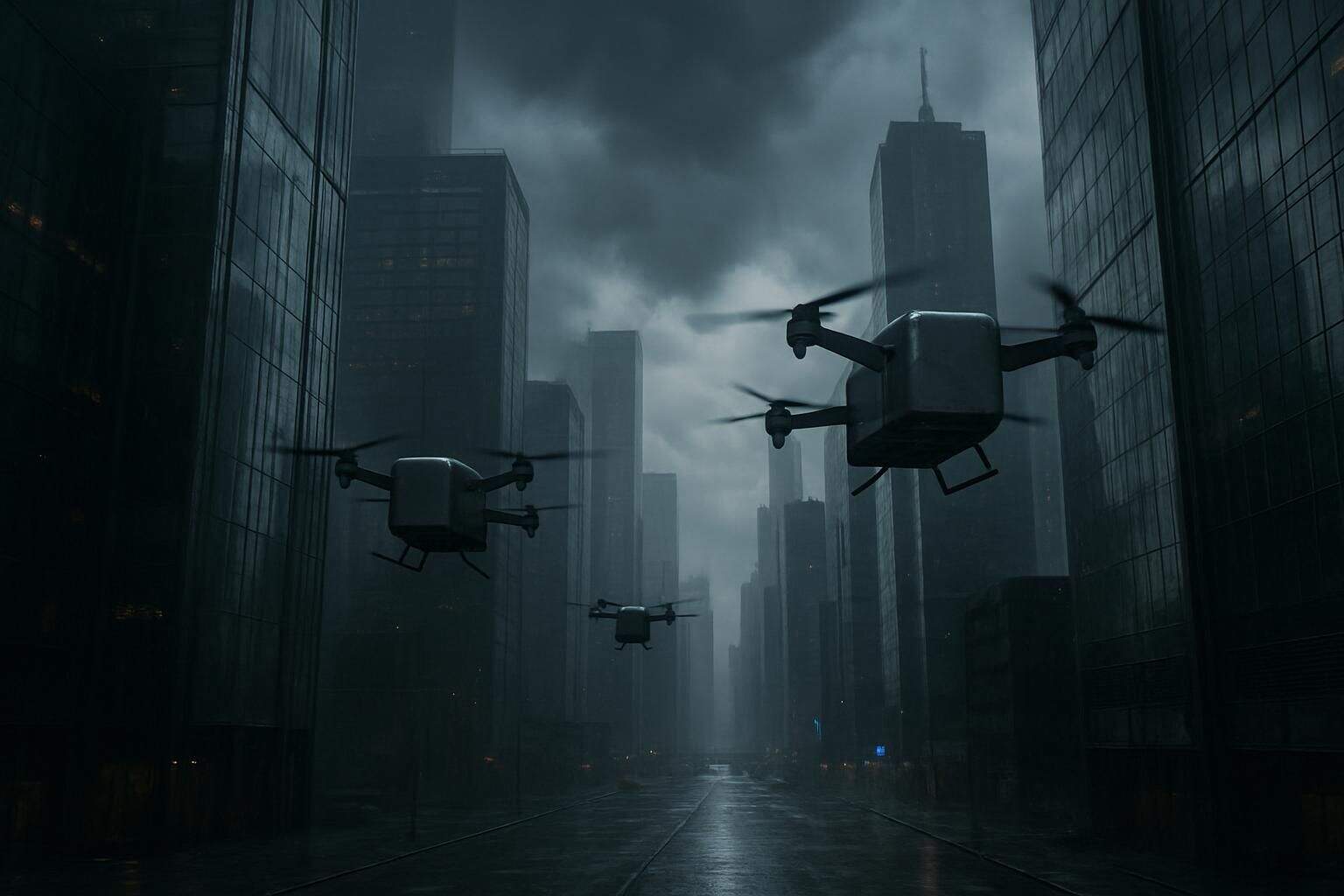 A sprawling dystopian city with towering skyscrapers, delivery drones, and flickering neon signs amidst a tense, oppressive atmosphere. A sprawling dystopian city with towering skyscrapers, delivery drones, and flickering neon signs amidst a tense, oppressive atmosphere.