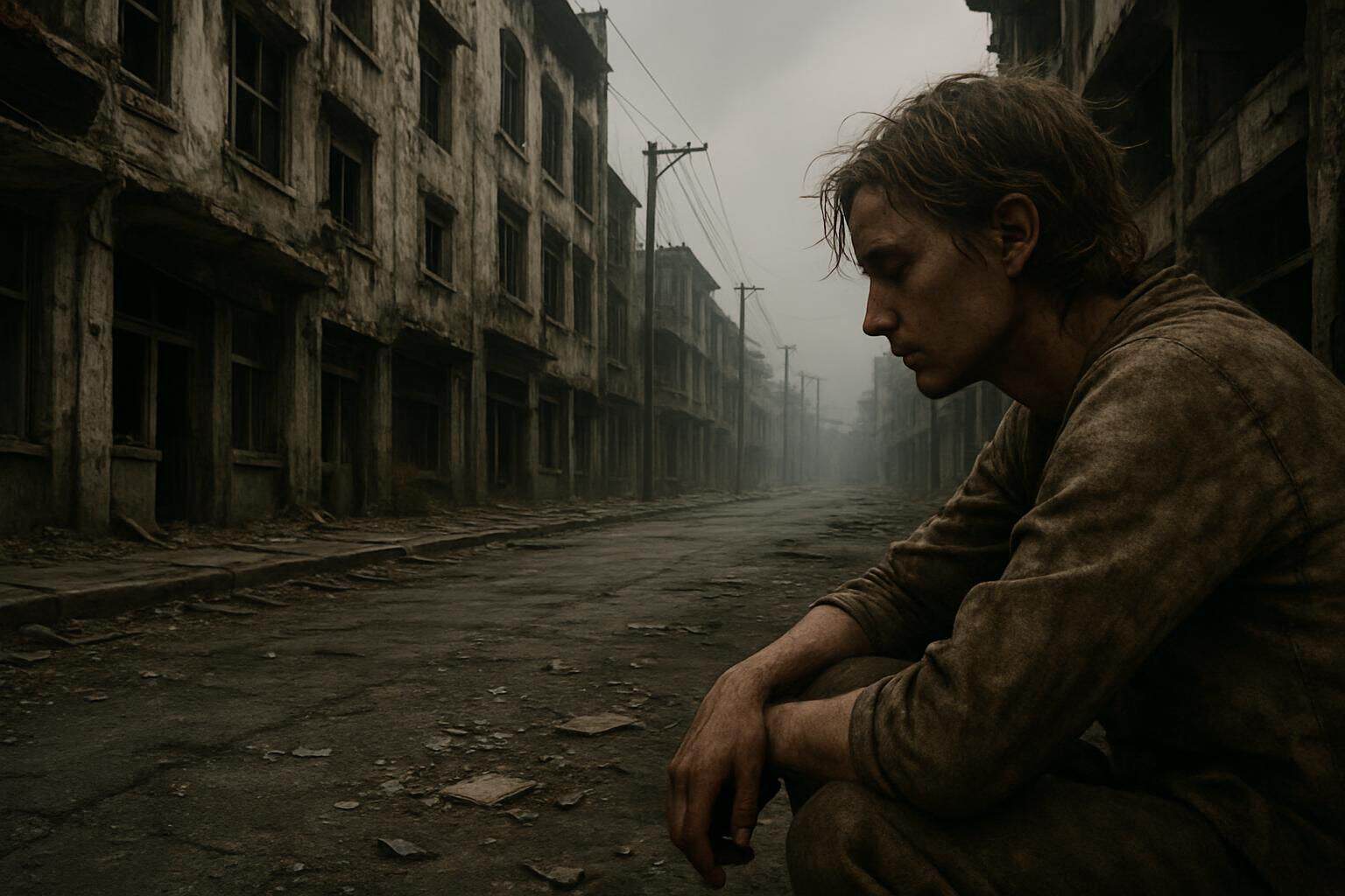 A solitary figure sits amidst an abandoned urban landscape marked by decay and neglect, highlighting human fragility. A solitary figure sits amidst an abandoned urban landscape marked by decay and neglect, highlighting human fragility.