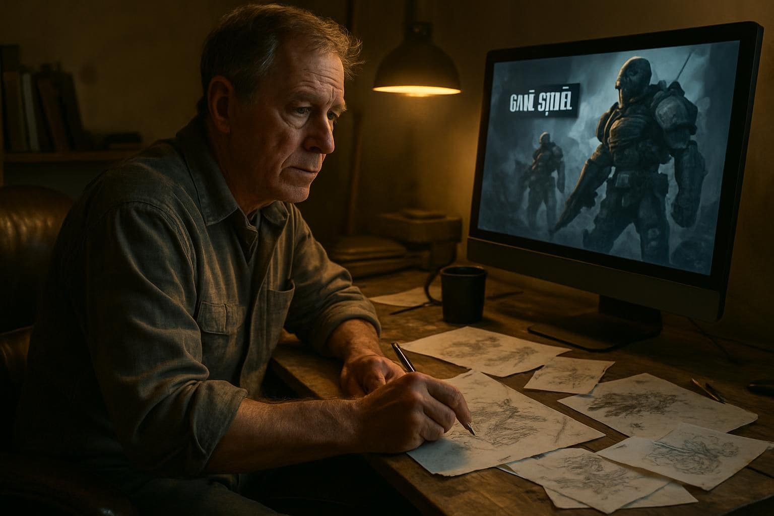 An older man works late in his cluttered artist's studio on detailed gaming designs, reflecting focused determination and creativity. An older man works late in his cluttered artist's studio on detailed gaming designs, reflecting focused determination and creativity.