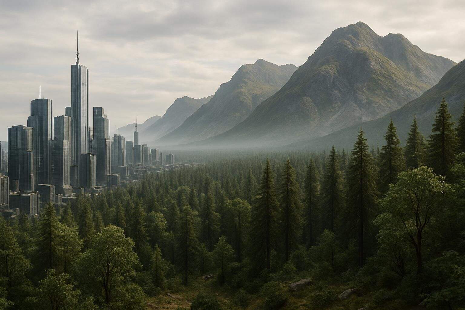 A futuristic cityscape merges with lush forests and distant mountains, showcasing a harmonious blend of nature and architecture. A futuristic cityscape merges with lush forests and distant mountains, showcasing a harmonious blend of nature and architecture.