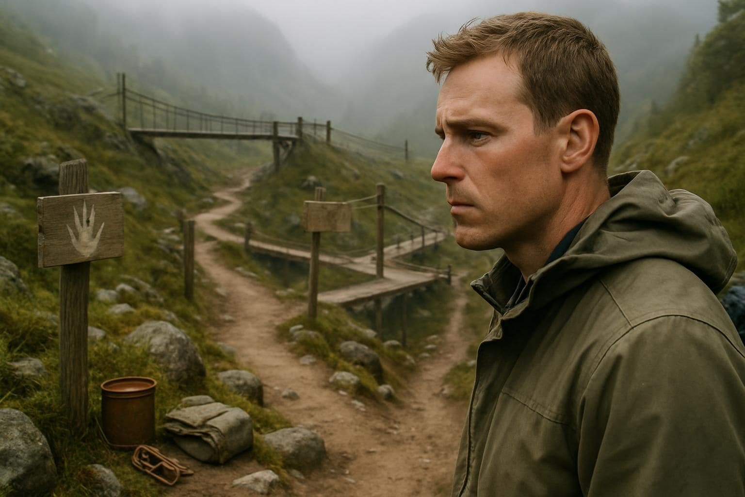 A contemplative individual stands on a network of rustic paths and bridges in a misty, mountainous landscape. A contemplative individual stands on a network of rustic paths and bridges in a misty, mountainous landscape.