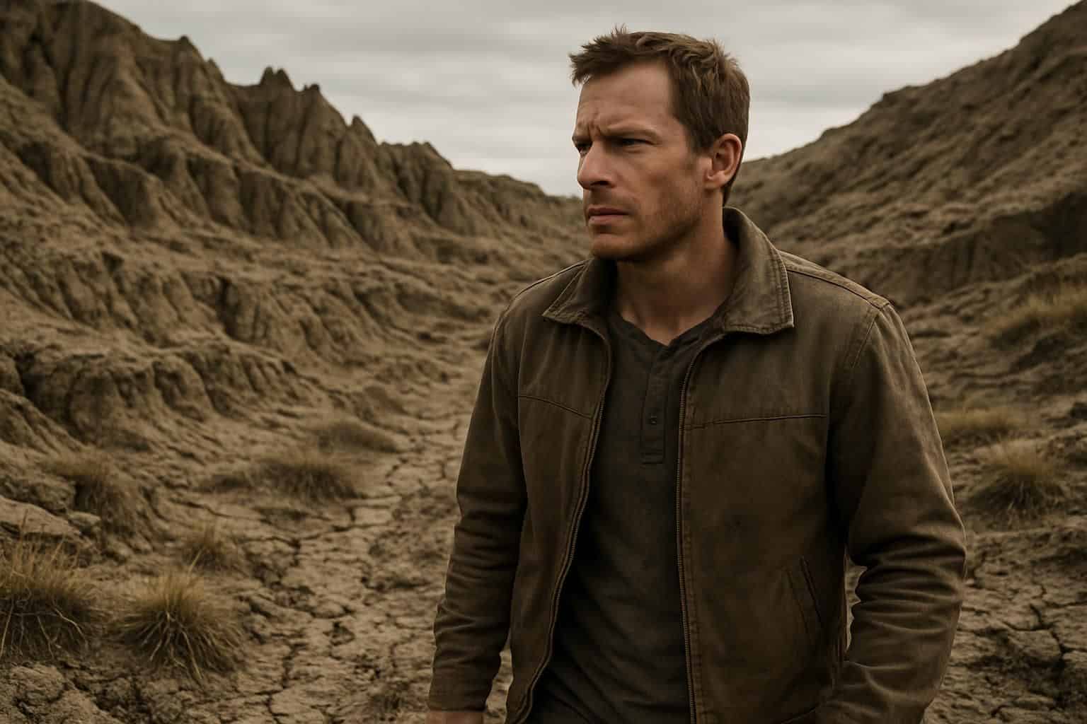 A rugged landscape features a determined man in a textured jacket, focused on the distant horizon amidst harsh terrain. A rugged landscape features a determined man in a textured jacket, focused on the distant horizon amidst harsh terrain.