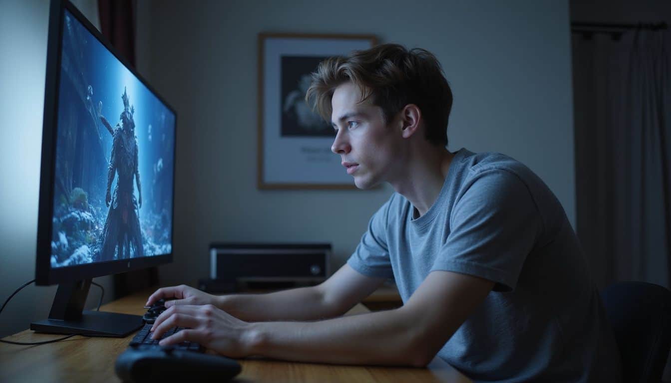 A young man intently plays Monster Hunter: World in a sparsely furnished room with a PlayStation 4 controller nearby. A young man intently plays Monster Hunter: World in a sparsely furnished room with a PlayStation 4 controller nearby.