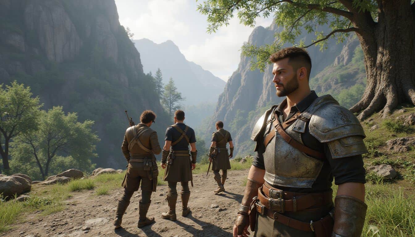 A serene virtual landscape from Monster Hunter Wilds features three realistic characters on textured terrain, showcasing diverse cultural motifs. A serene virtual landscape from Monster Hunter Wilds features three realistic characters on textured terrain, showcasing diverse cultural motifs.