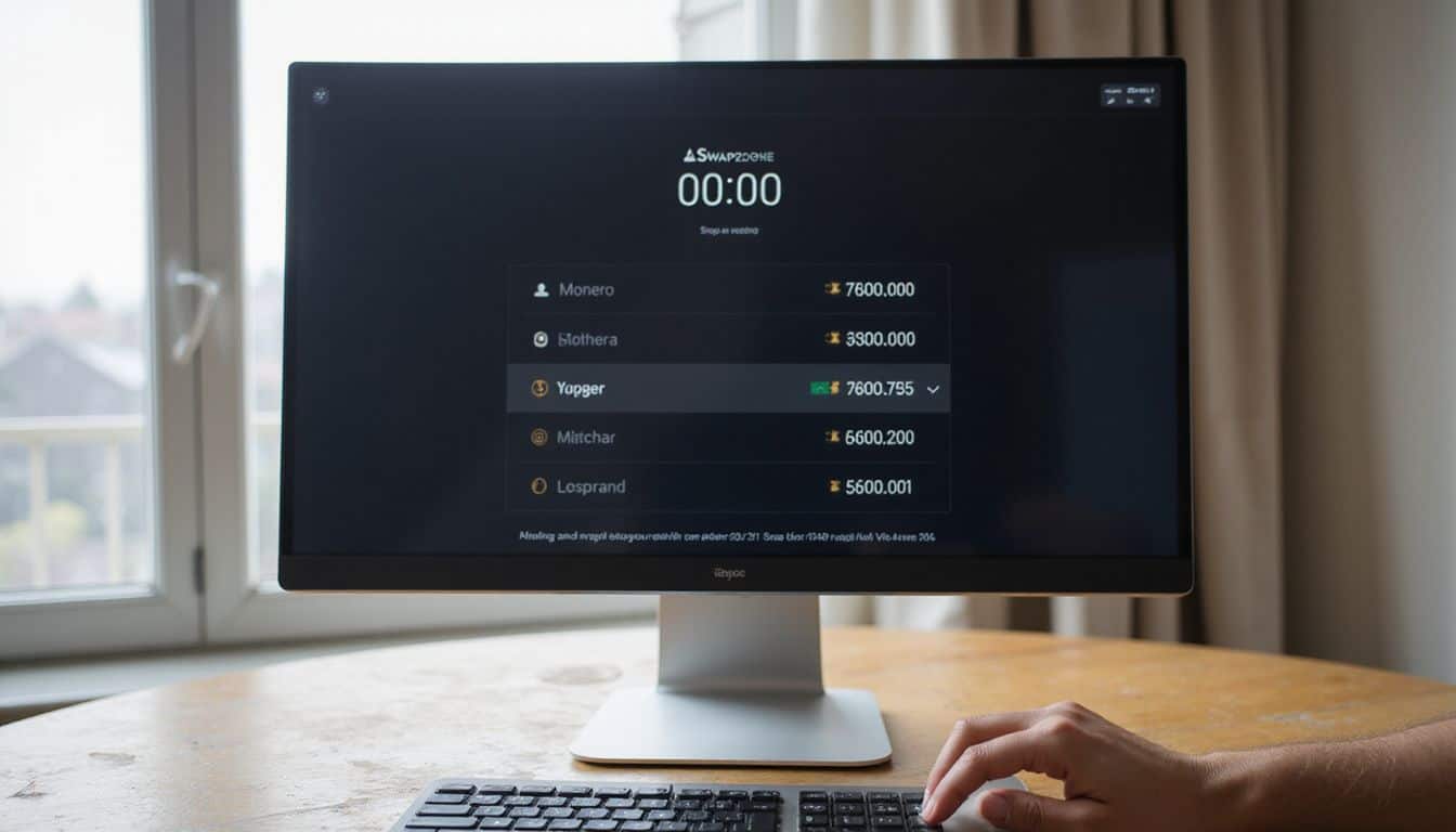 A modern computer monitor displays a Monero swap transaction interface on a minimalist wooden desk with a poised hand nearby. A modern computer monitor displays a Monero swap transaction interface on a minimalist wooden desk with a poised hand nearby.
