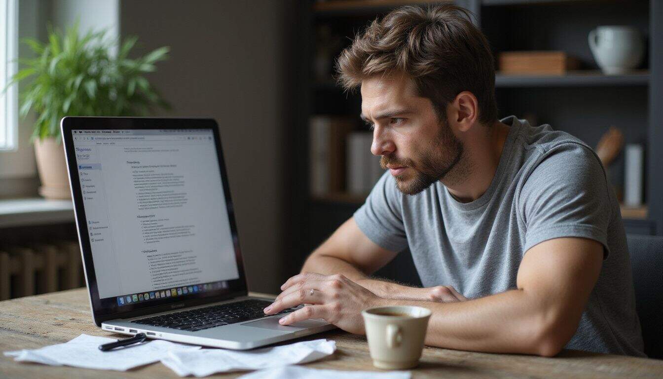 A frustrated individual in their 30s sits at a cluttered desk, focused on a Monero swap platform on their laptop. A frustrated individual in their 30s sits at a cluttered desk, focused on a Monero swap platform on their laptop.