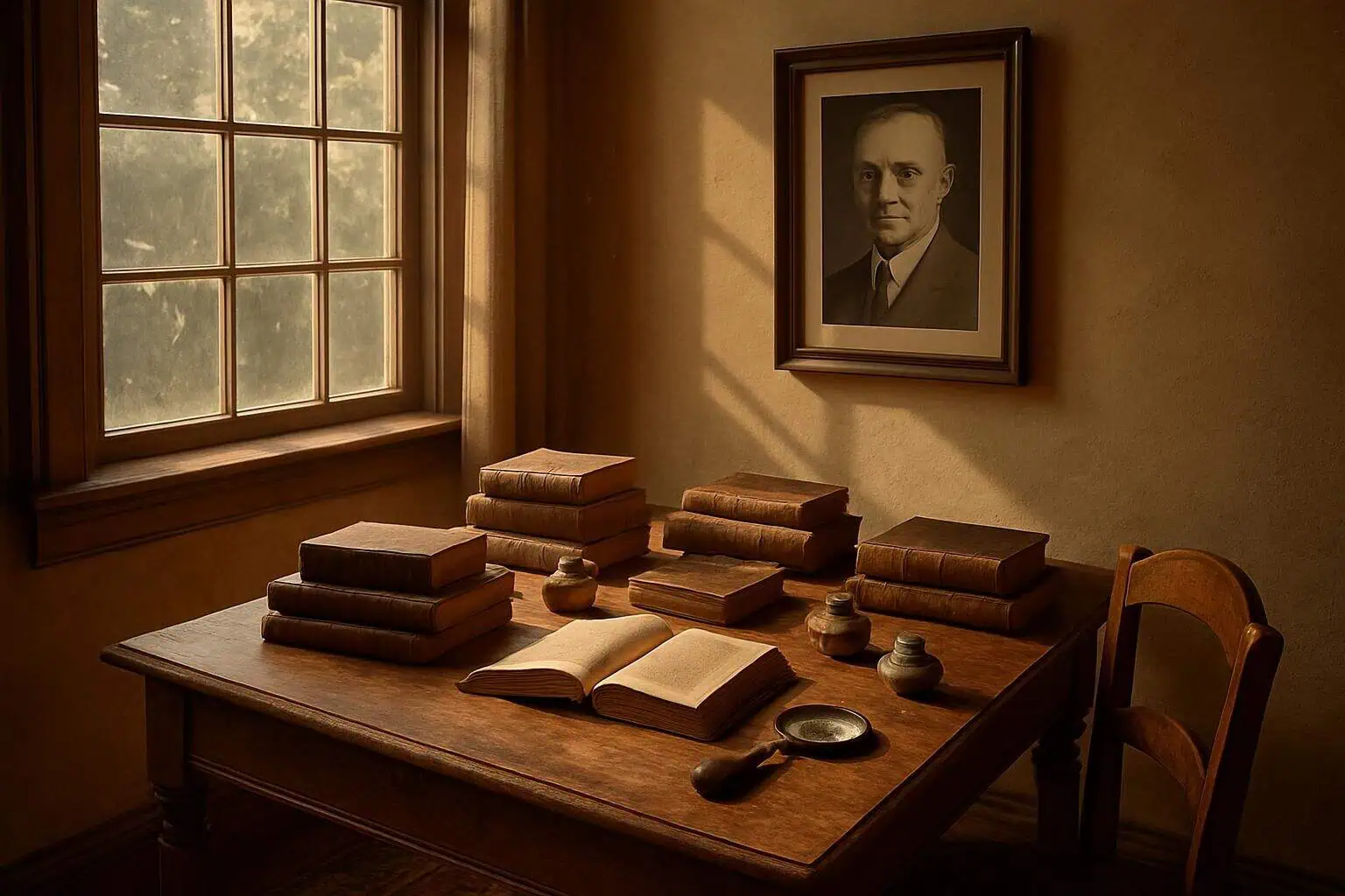 A vintage study room features an oak desk cluttered with old books, brass ink pots, and an elegant framed photograph. A vintage study room features an oak desk cluttered with old books, brass ink pots, and an elegant framed photograph.