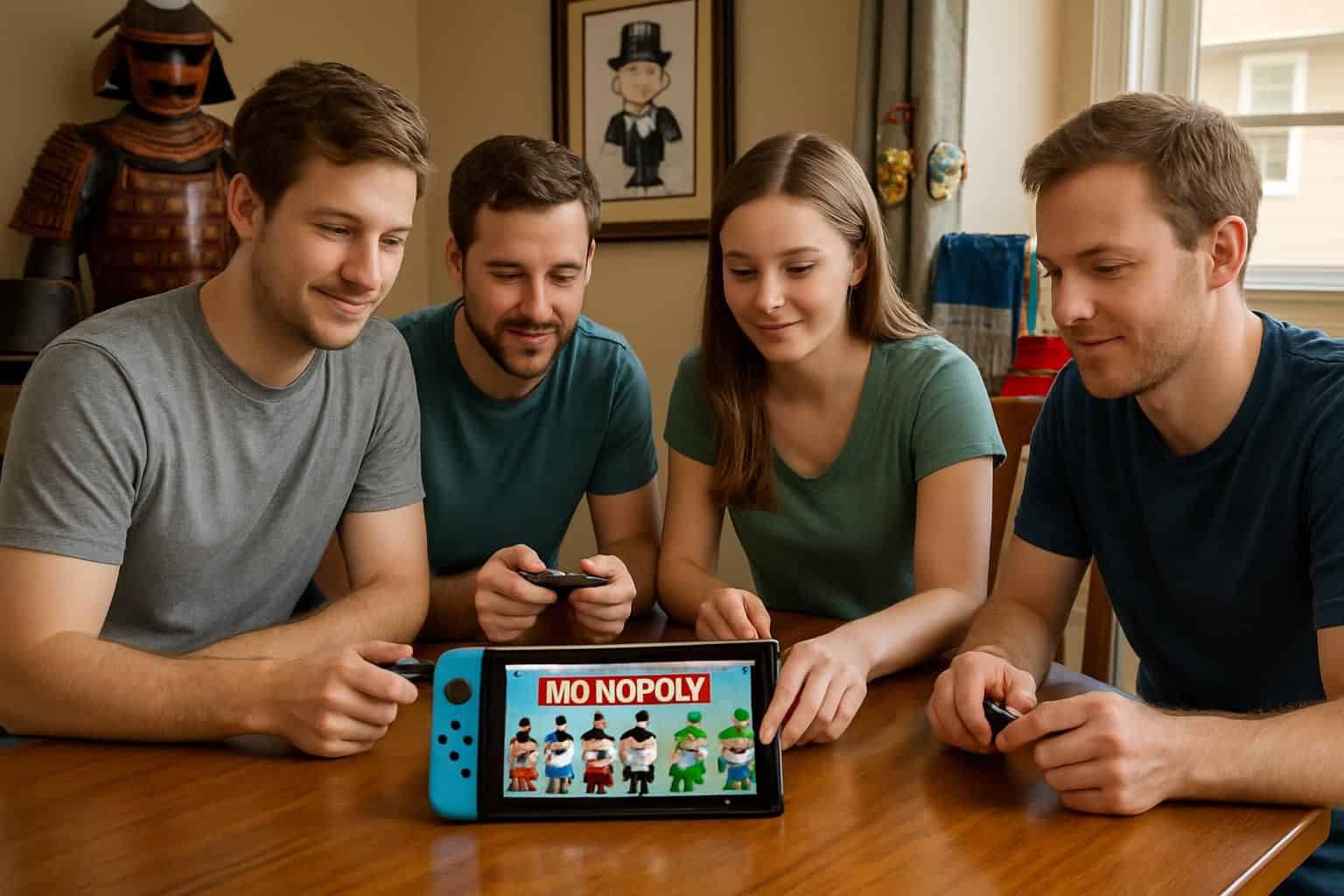 Four friends enjoy a lively game of global Monopoly on a Nintendo Switch around a dining table filled with cultural artifacts. Four friends enjoy a lively game of global Monopoly on a Nintendo Switch around a dining table filled with cultural artifacts.