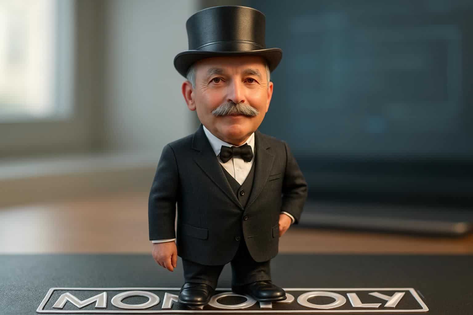 The modern Monopoly Man stands confidently on a textured surface above the embossed 'Monopoly' logo, exuding charm and sophistication. The modern Monopoly Man stands confidently on a textured surface above the embossed 'Monopoly' logo, exuding charm and sophistication.
