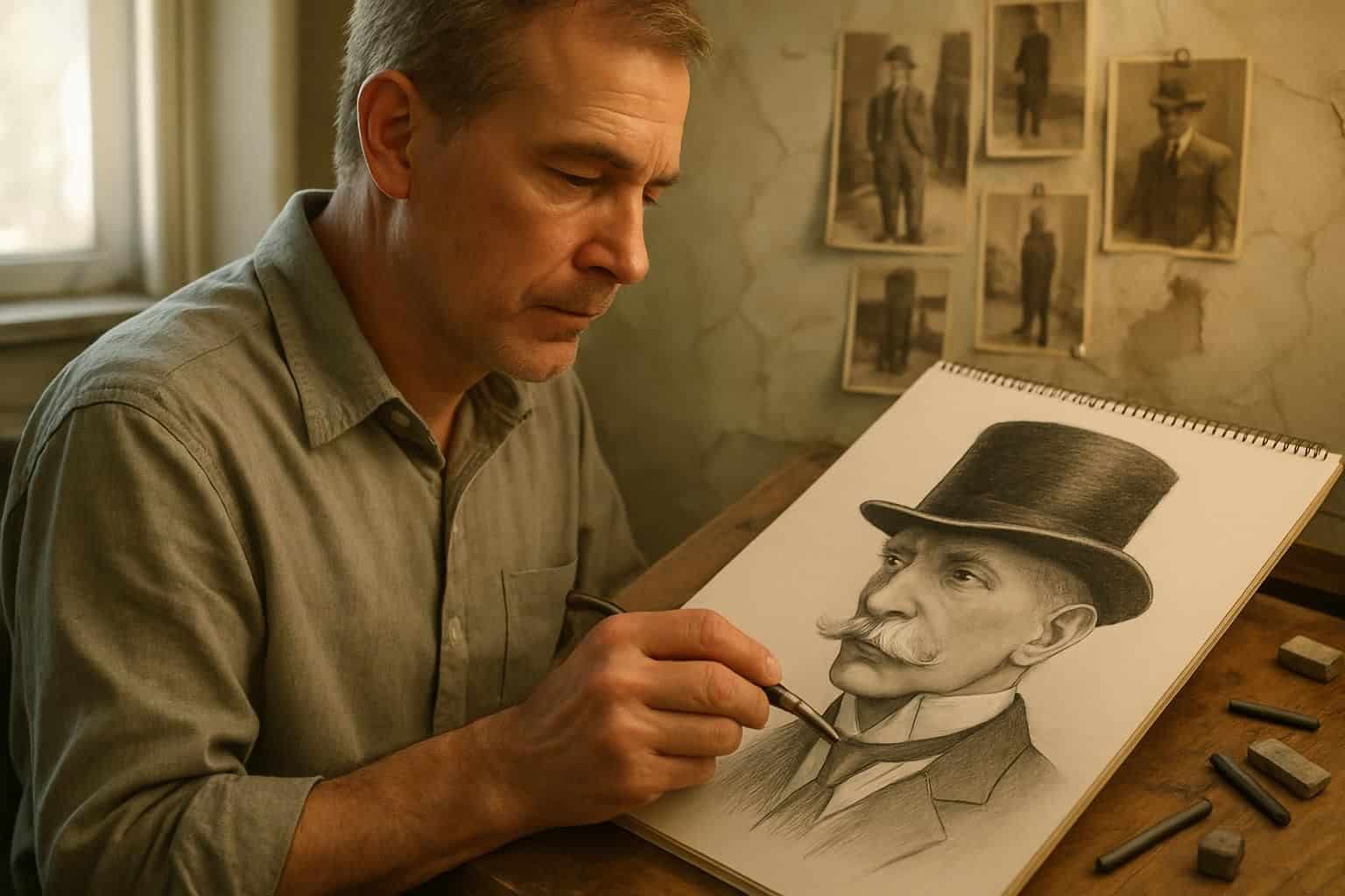 A middle-aged man sketches a detailed character drawing at a cluttered drafting table, immersed in his artistic process. A middle-aged man sketches a detailed character drawing at a cluttered drafting table, immersed in his artistic process.