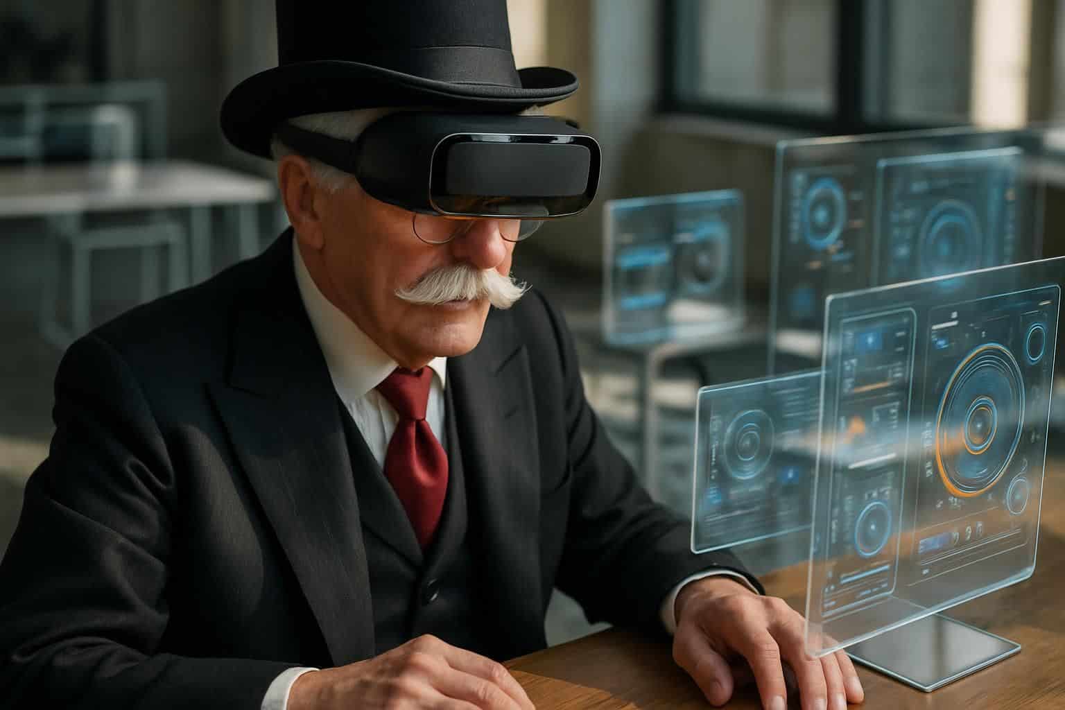 An elderly man in a tailored suit engages with futuristic VR technology and transparent OLED screens in a modern setting. An elderly man in a tailored suit engages with futuristic VR technology and transparent OLED screens in a modern setting.
