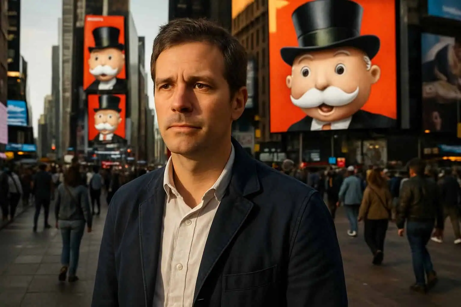 A contemplative man in a navy jacket stands in a bustling city square filled with pedestrians and vibrant advertisements. A contemplative man in a navy jacket stands in a bustling city square filled with pedestrians and vibrant advertisements.