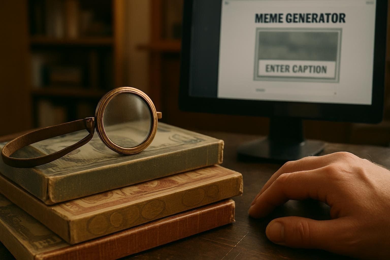 A vintage brass monocle rests on a desk cluttered with worn board games and a meme generator on a computer screen. A vintage brass monocle rests on a desk cluttered with worn board games and a meme generator on a computer screen.