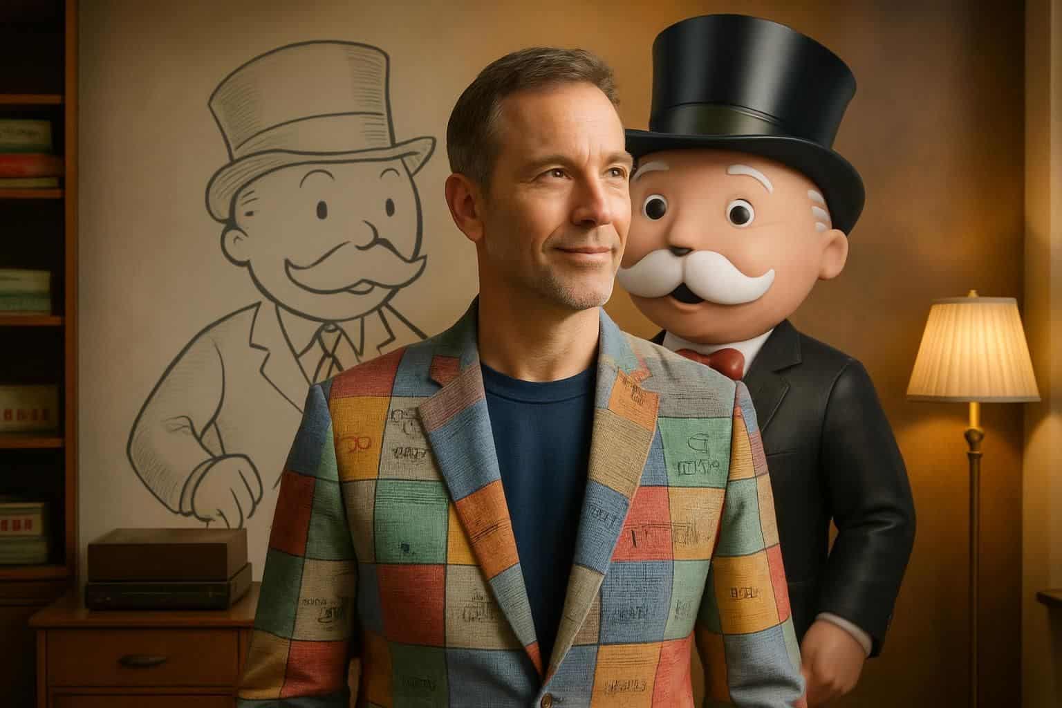 A middle-aged man in a tailored Monopoly-themed jacket stands proudly in a mid-century lounge with a vibrant digital mural behind him. A middle-aged man in a tailored Monopoly-themed jacket stands proudly in a mid-century lounge with a vibrant digital mural behind him.