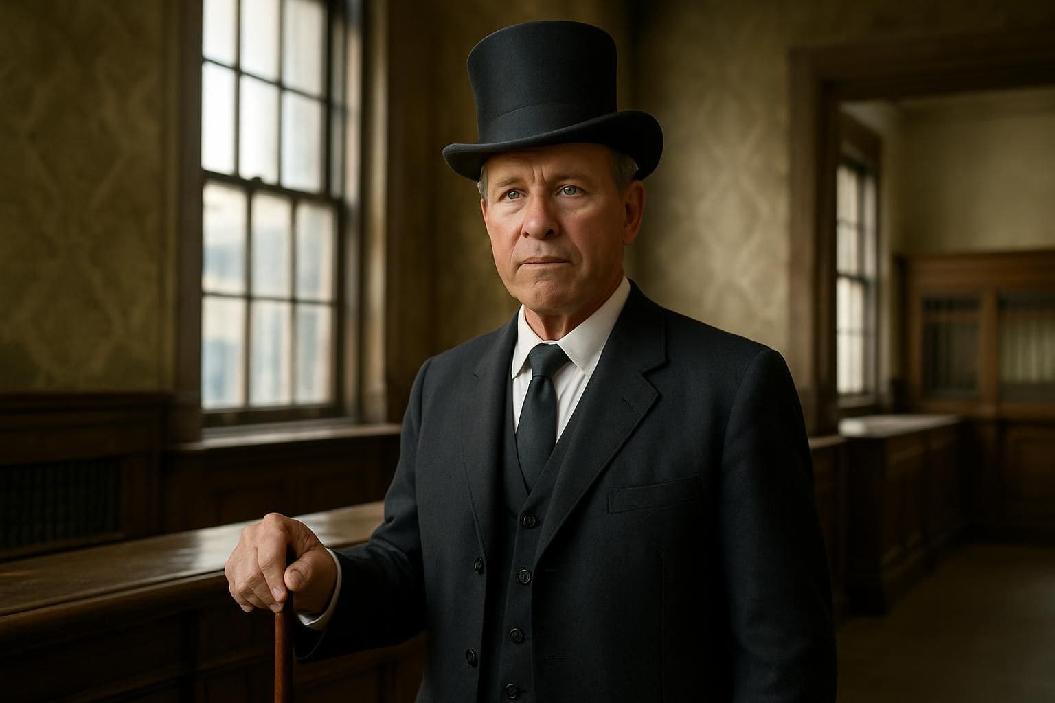 A distinguished older man in a tailored suit and top hat stands confidently in a vintage bank lobby. A distinguished older man in a tailored suit and top hat stands confidently in a vintage bank lobby.