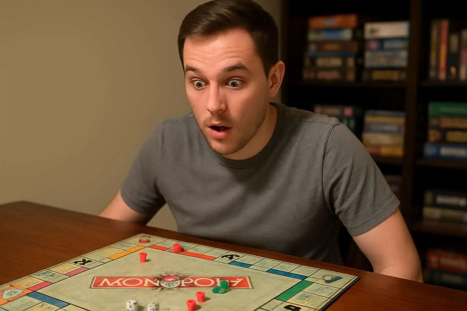 A young man displays surprise while studying a classic Monopoly board at a wooden dining table surrounded by board games. A young man displays surprise while studying a classic Monopoly board at a wooden dining table surrounded by board games.