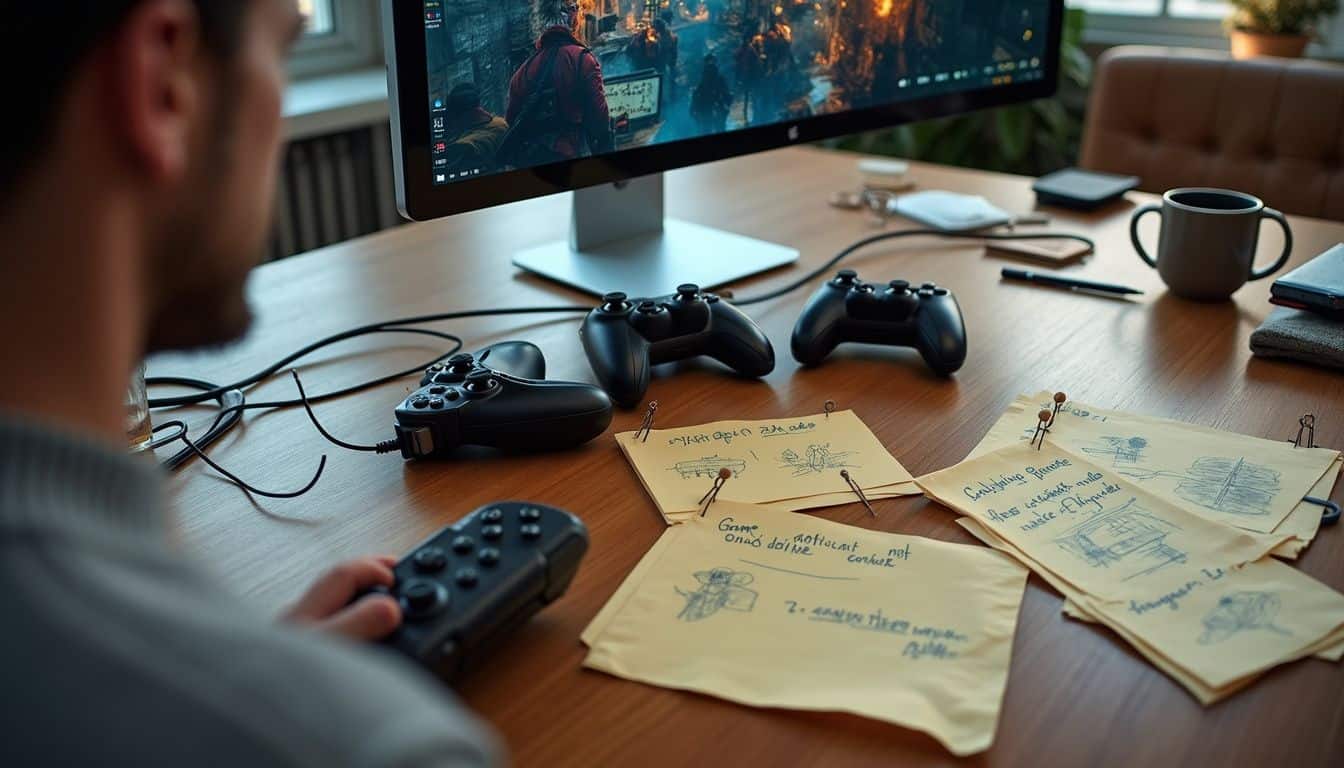A cluttered office desk features a computer monitor displaying a paused gaming video, surrounded by controllers, coffee cups, and notes. A cluttered office desk features a computer monitor displaying a paused gaming video, surrounded by controllers, coffee cups, and notes.