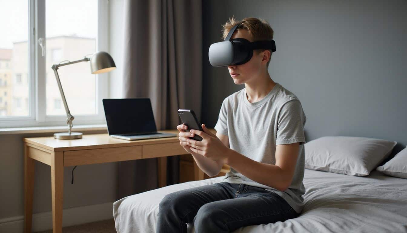 A teenage boy in a VR headset records a TikTok video while seated on a neatly made bed. A teenage boy in a VR headset records a TikTok video while seated on a neatly made bed.