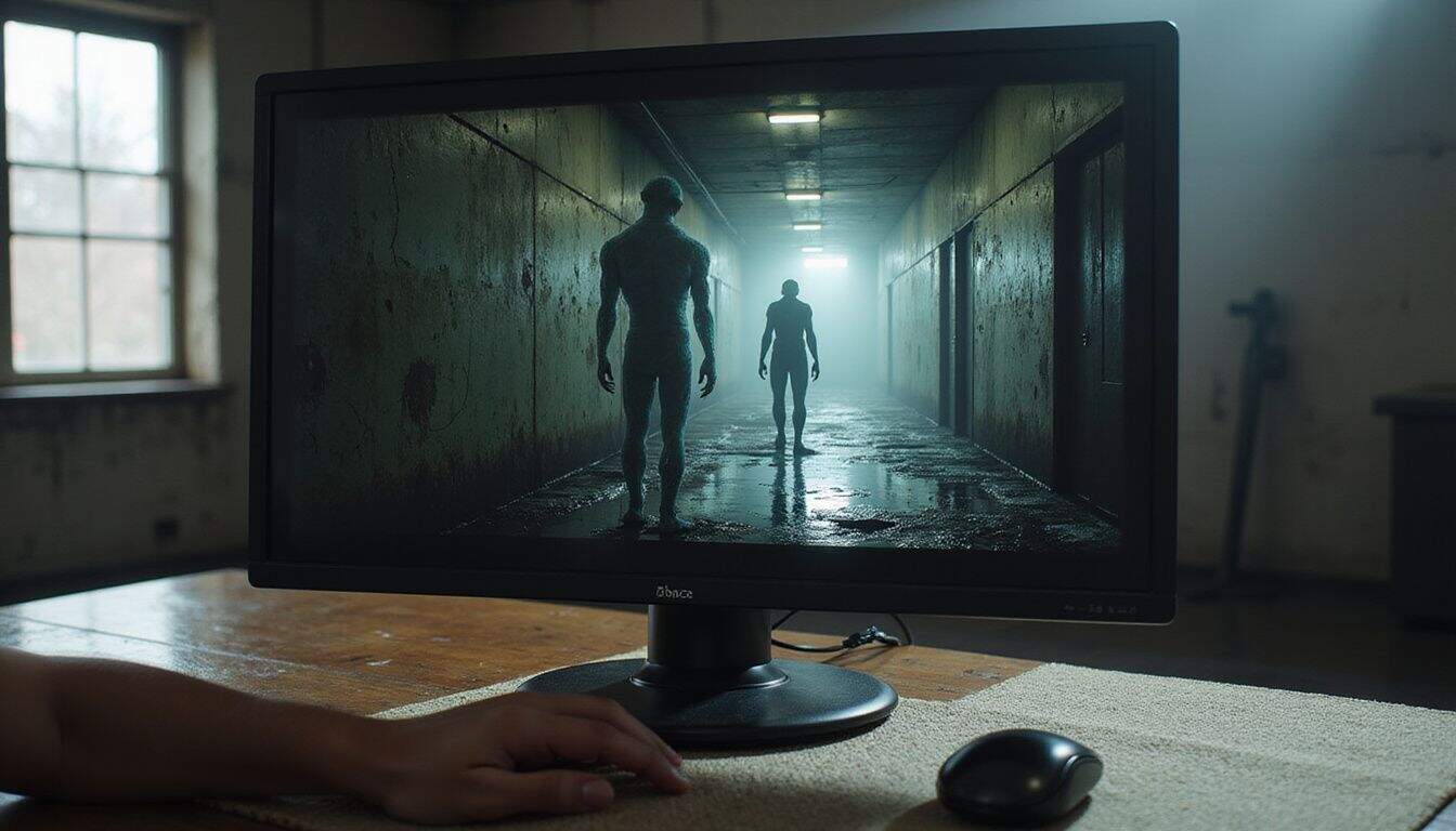 A computer monitor displays a glitching horror game character in a dimly lit, eerie corridor. A computer monitor displays a glitching horror game character in a dimly lit, eerie corridor.