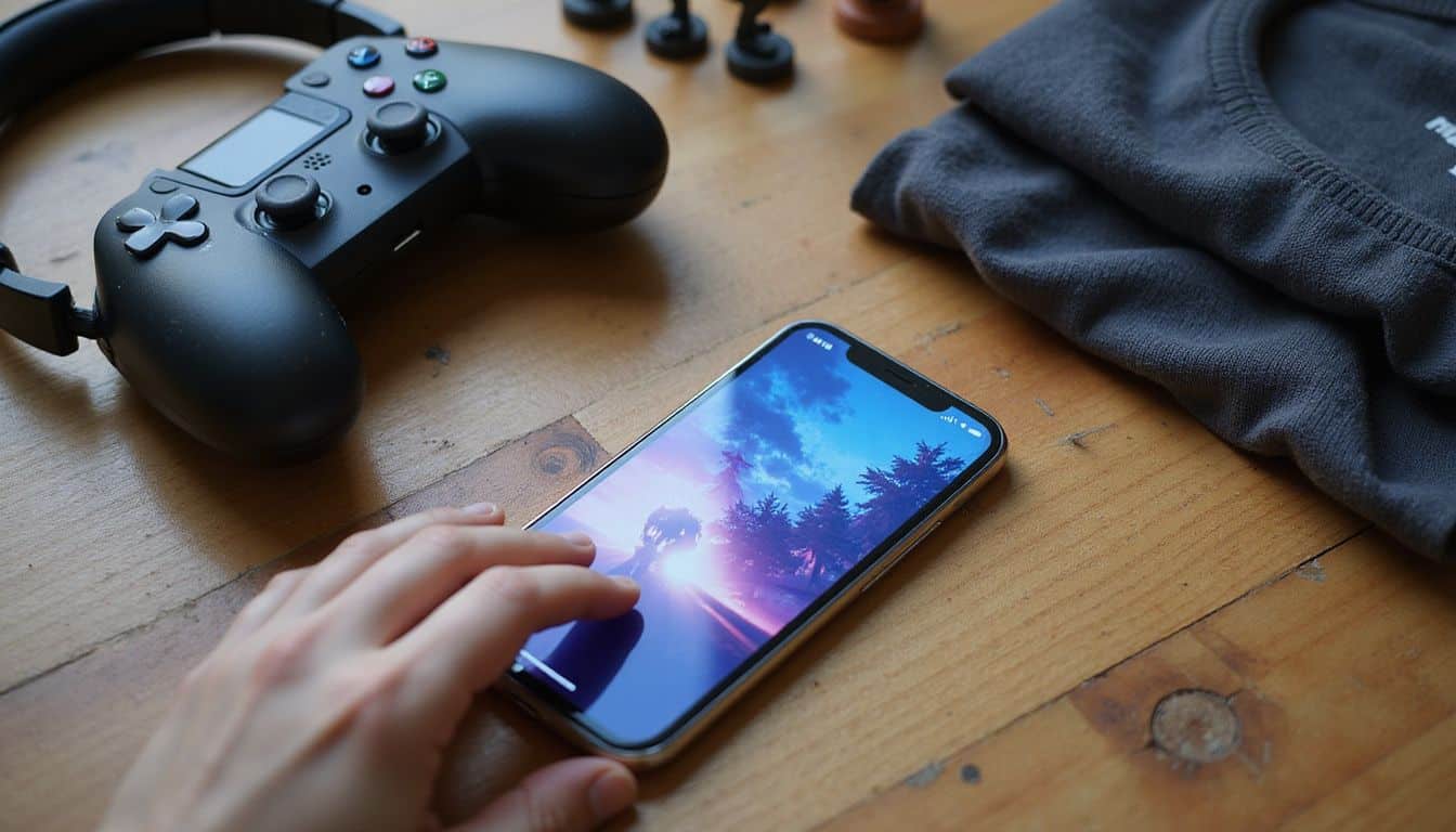 A smartphone displaying a game is surrounded by gaming accessories, creating a cozy atmosphere in a gamer's space. A smartphone displaying a game is surrounded by gaming accessories, creating a cozy atmosphere in a gamer's space.
