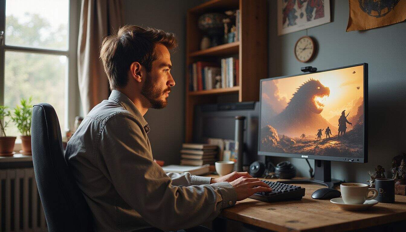An indie game developer is intently focused on gameplay footage at a cluttered desk in a cozy home office. An indie game developer is intently focused on gameplay footage at a cluttered desk in a cozy home office.