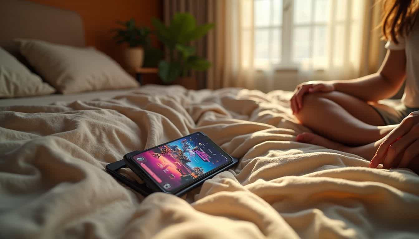 A person relaxes on a bed, watching a vibrant TikTok gameplay video on their smartphone. A person relaxes on a bed, watching a vibrant TikTok gameplay video on their smartphone.