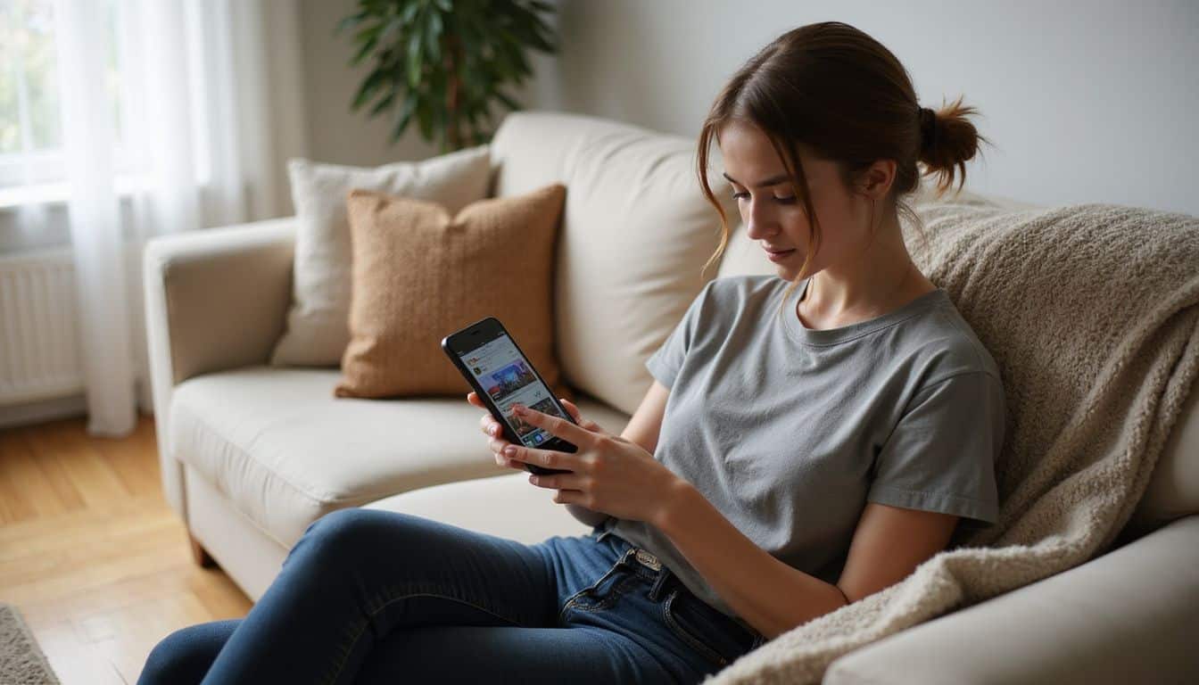 A young woman sits on a sofa, absorbed in her smartphone amidst a cozy living room atmosphere.