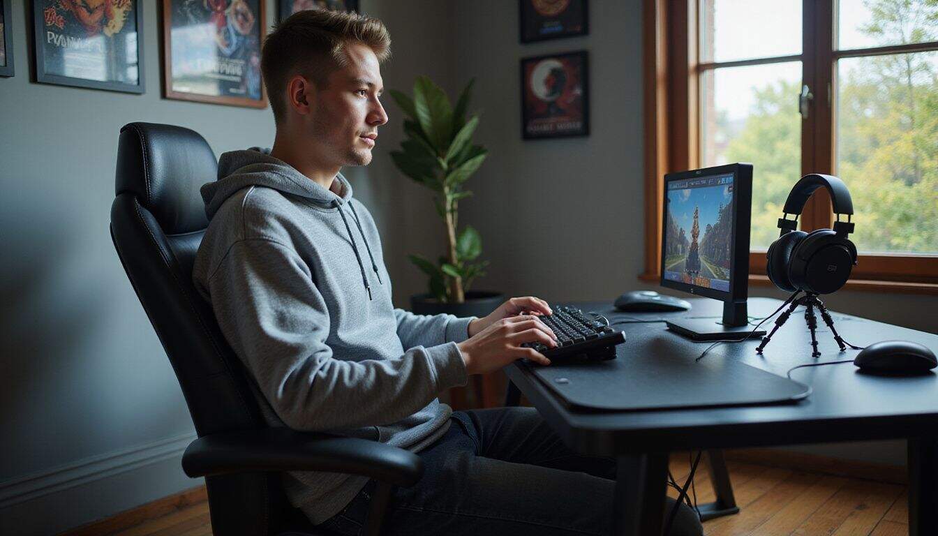 A young adult explains a gameplay strategy while seated at a cluttered gaming desk. A young adult explains a gameplay strategy while seated at a cluttered gaming desk.