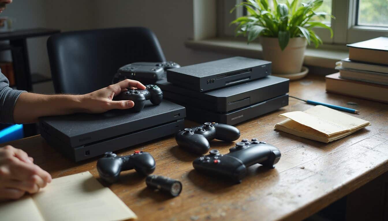 A cluttered wooden desk showcases gaming consoles, VR headsets, indie game books, and handwritten notes, reflecting a creative workspace. A cluttered wooden desk showcases gaming consoles, VR headsets, indie game books, and handwritten notes, reflecting a creative workspace.