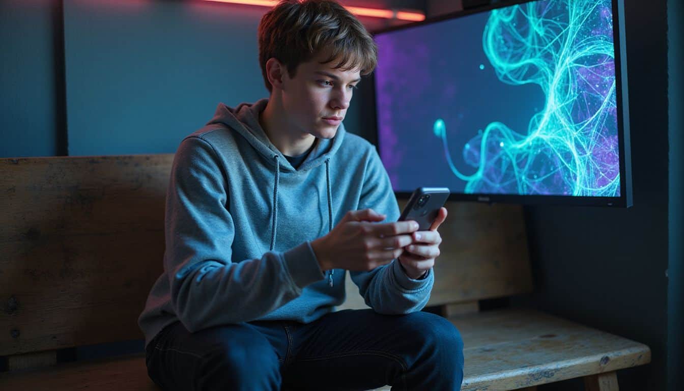 A teenage boy in a hoodie engages with TikTok on his phone while seated on a wooden bench. A teenage boy in a hoodie engages with TikTok on his phone while seated on a wooden bench.