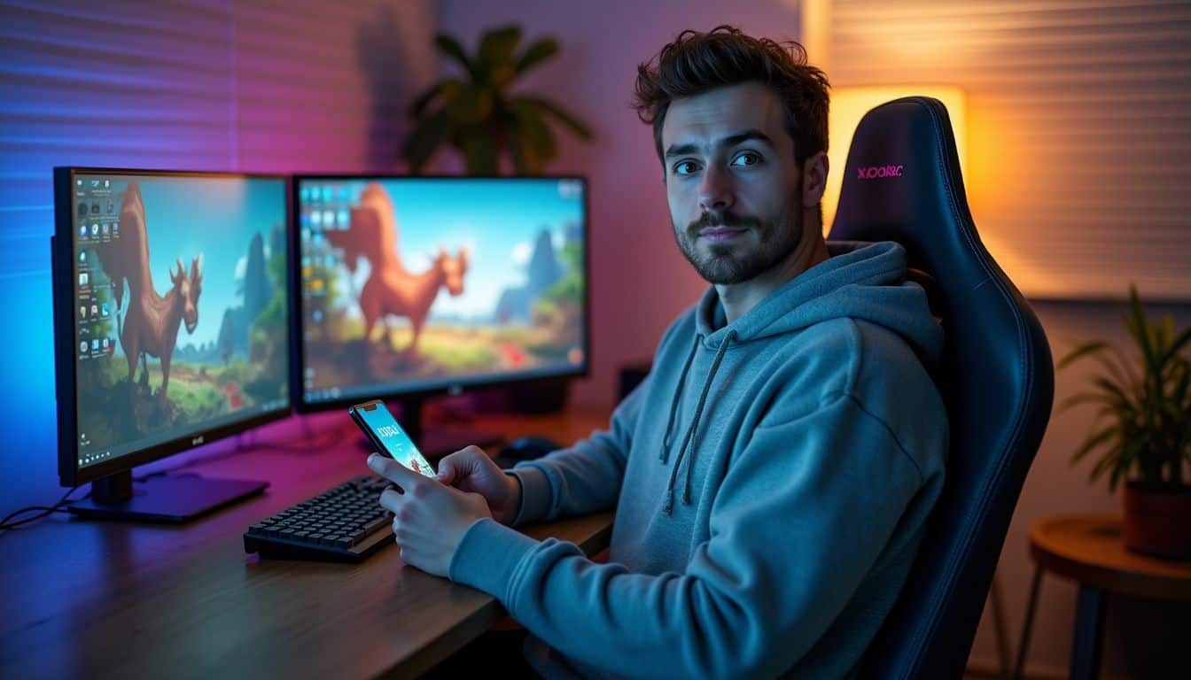 A young man with a casual style sits excitedly in front of multiple monitors displaying vibrant game art. A young man with a casual style sits excitedly in front of multiple monitors displaying vibrant game art.