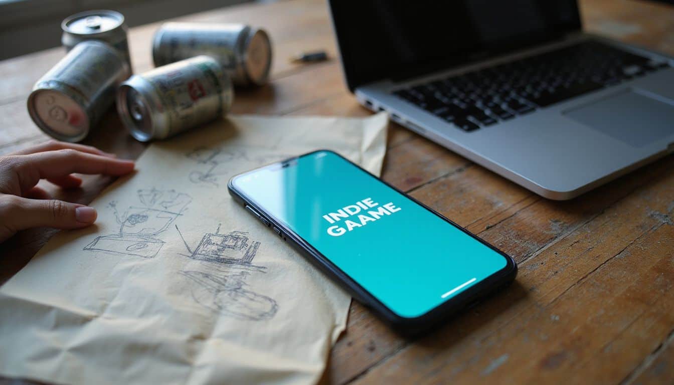 A smartphone displays an indie game title amid scattered sketches, notes, and energy drink cans on a worn wooden desk. A smartphone displays an indie game title amid scattered sketches, notes, and energy drink cans on a worn wooden desk.