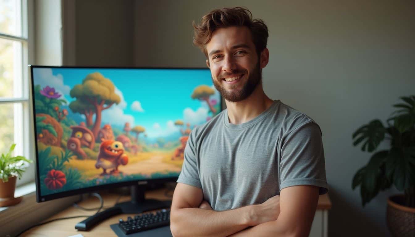 An indie game developer stands confidently before a vibrant monitor, displaying a colorful game scene in a casual workspace. An indie game developer stands confidently before a vibrant monitor, displaying a colorful game scene in a casual workspace.