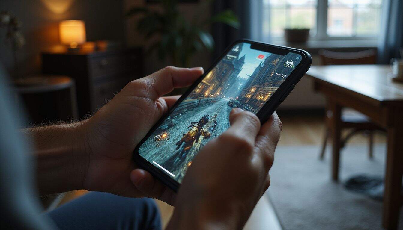 A close-up of a hand holding a smartphone displaying vibrant gameplay on TikTok in a cozy room. A close-up of a hand holding a smartphone displaying vibrant gameplay on TikTok in a cozy room.
