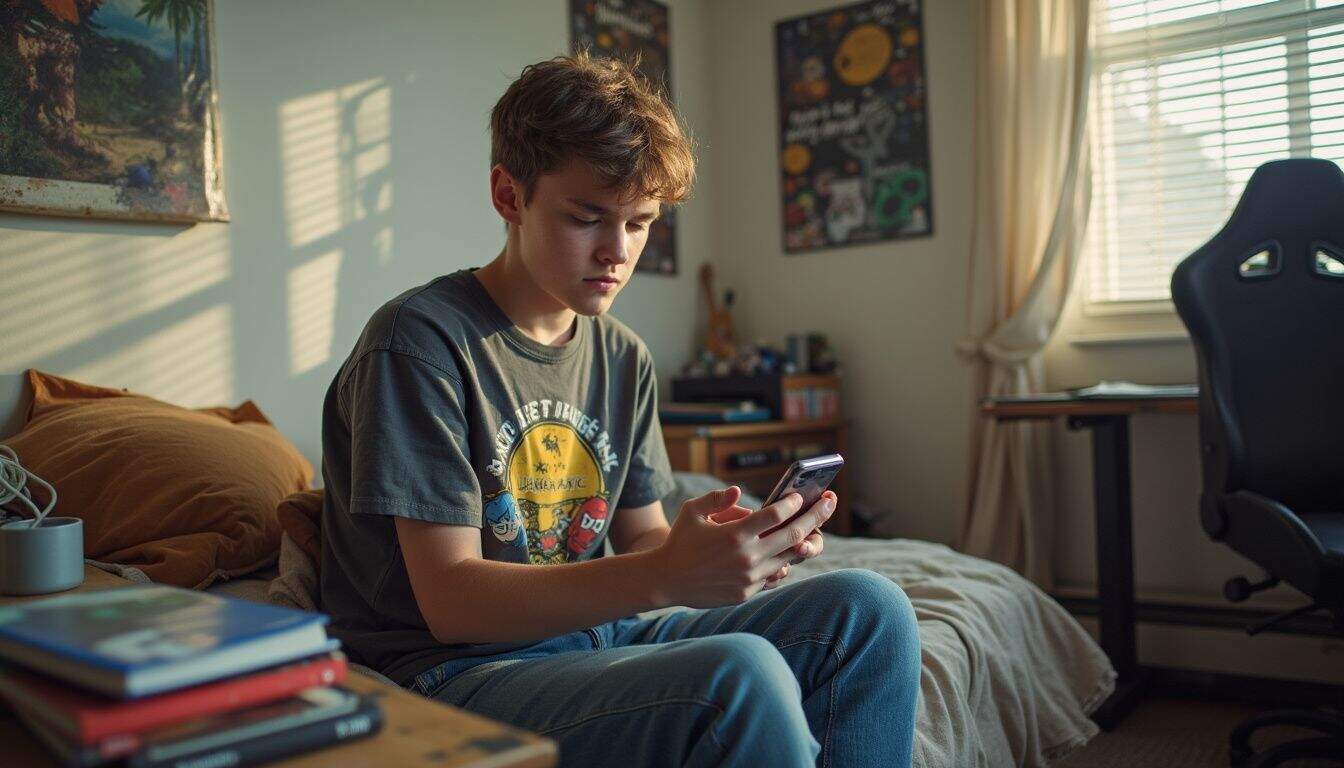 A teenager sits on an unmade bed, focused on his smartphone while surrounded by a cluttered bedroom. A teenager sits on an unmade bed, focused on his smartphone while surrounded by a cluttered bedroom.