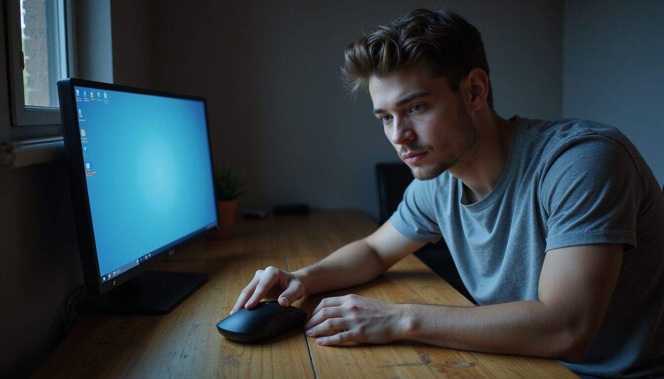 A young man intensely focuses on his computer screen while using a gaming mouse at his wooden desk. A young man intensely focuses on his computer screen while using a gaming mouse at his wooden desk.