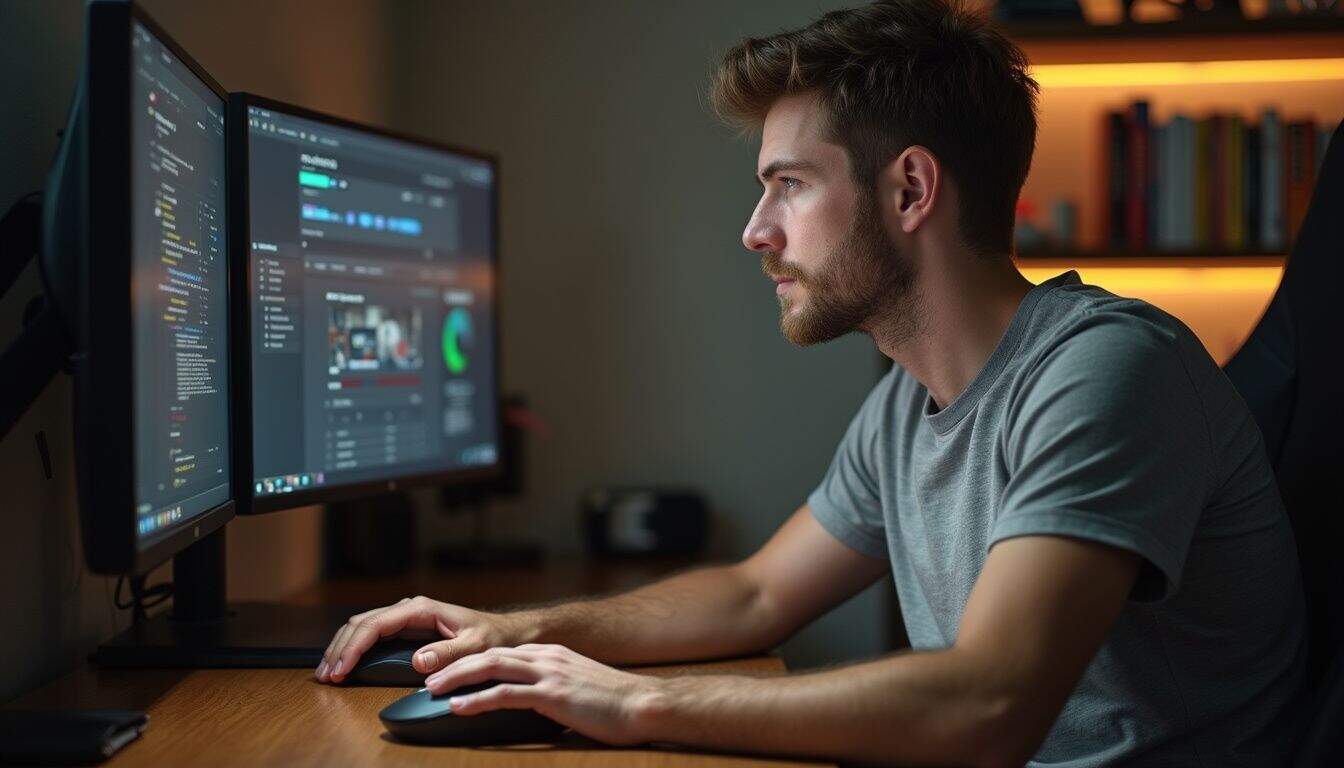 A young man sits at a gaming desk, focused on his screen while using a Corsair mouse. A young man sits at a gaming desk, focused on his screen while using a Corsair mouse.