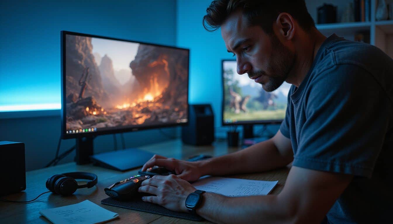 A focused man adjusts his Corsair SCIMITAR RGB ELITE mouse at a gaming desk surrounded by gaming screens and paraphernalia. A focused man adjusts his Corsair SCIMITAR RGB ELITE mouse at a gaming desk surrounded by gaming screens and paraphernalia.