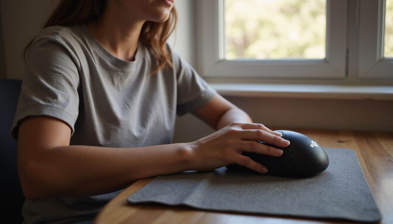 A focused woman sits at a gaming desk, using a textured mouse with an ergonomic grip. A focused woman sits at a gaming desk, using a textured mouse with an ergonomic grip.