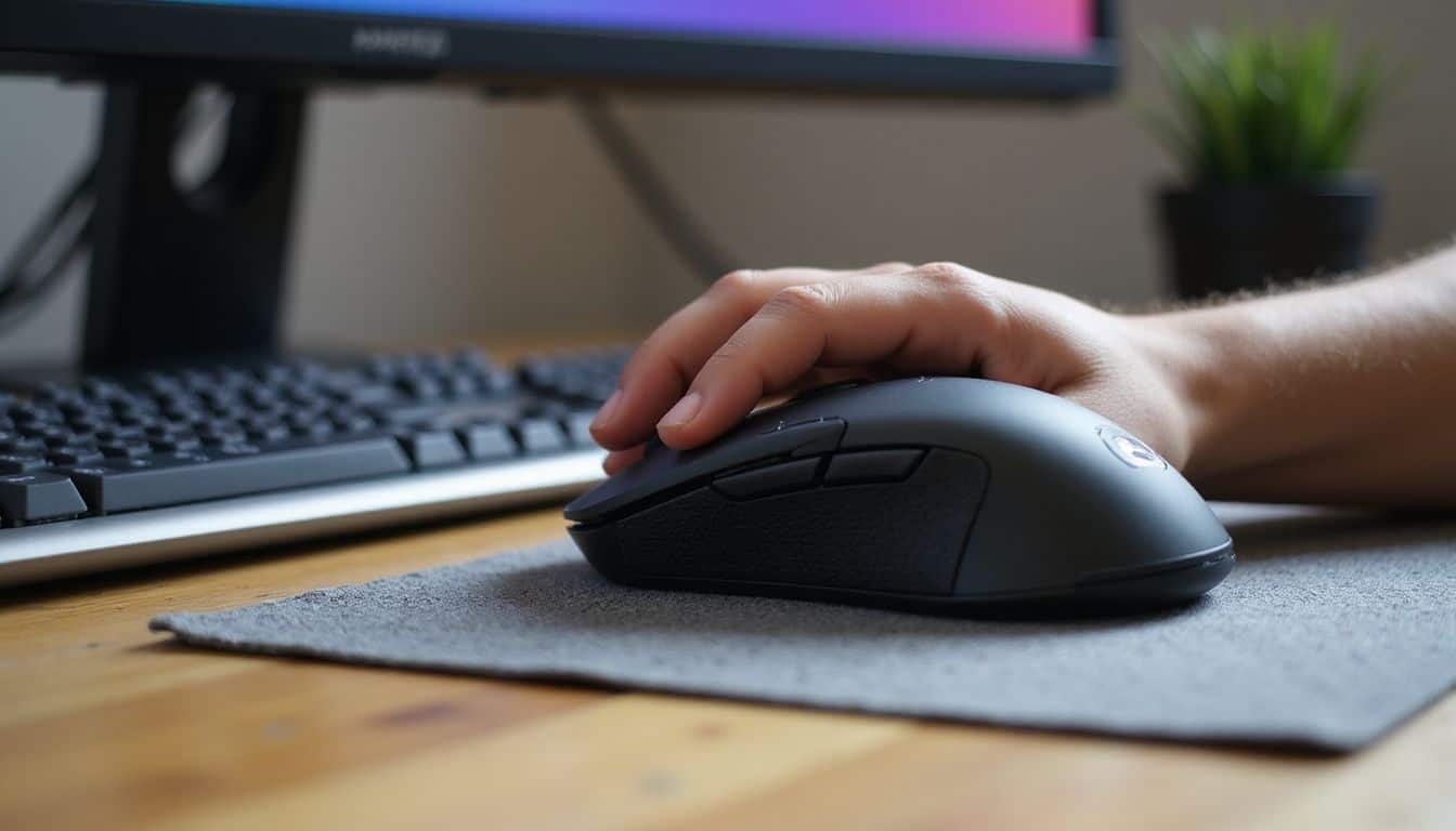 A close-up of a matte black gaming mouse on a fabric mouse pad, accompanied by a sleek wireless keyboard. A close-up of a matte black gaming mouse on a fabric mouse pad, accompanied by a sleek wireless keyboard.