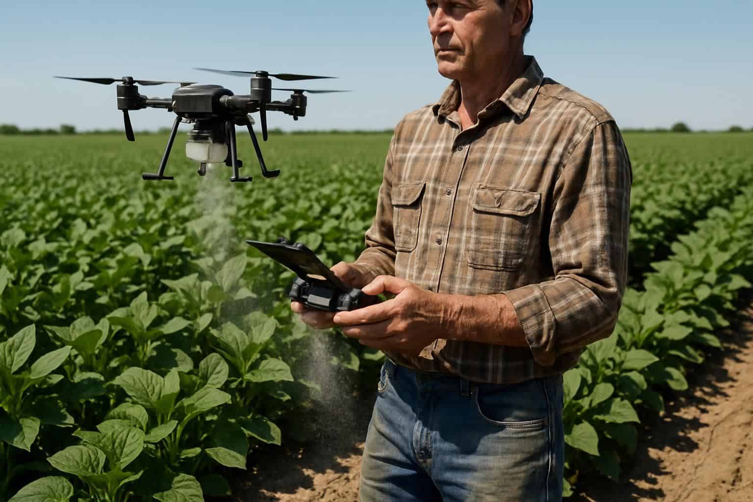 A seasoned farmer operates a drone spraying a biological solution over a lush soybean field. A seasoned farmer operates a drone spraying a biological solution over a lush soybean field.