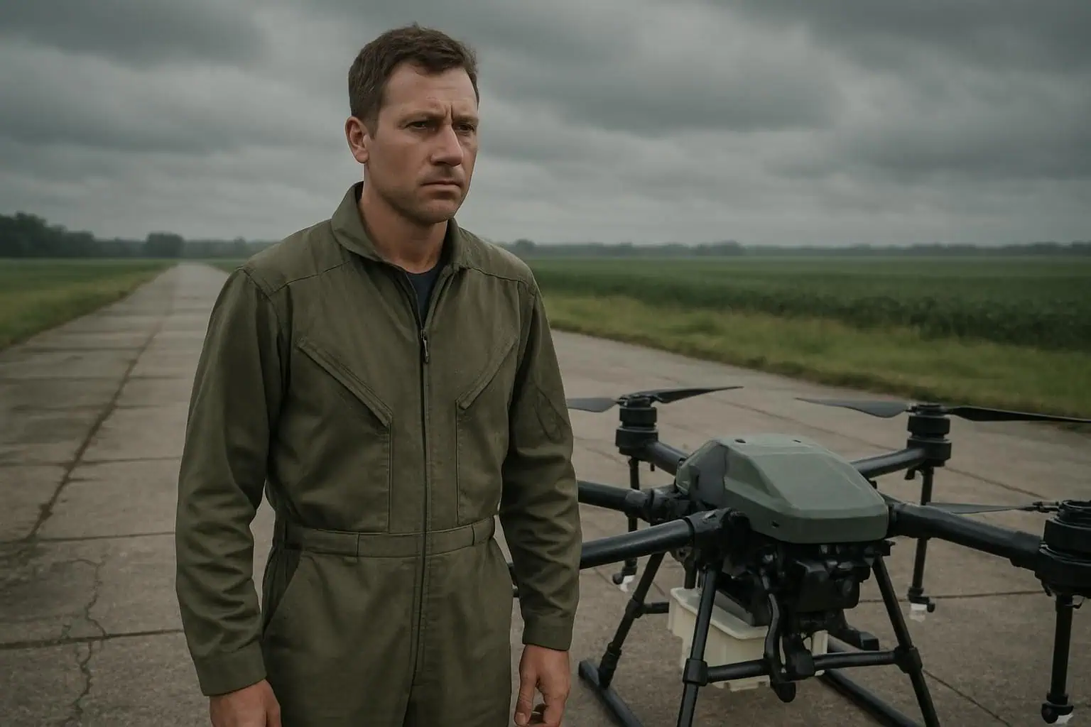 A focused man in a flight suit stands beside an agricultural drone on a rural airstrip, surrounded by damp grass and crops. A focused man in a flight suit stands beside an agricultural drone on a rural airstrip, surrounded by damp grass and crops.