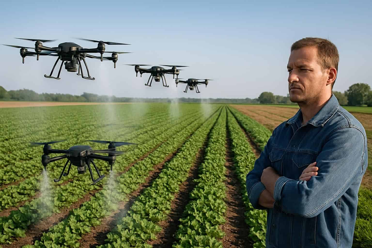 Drones efficiently spray crops over vibrant farmland while a farmer observes the advanced agricultural technology in action. Drones efficiently spray crops over vibrant farmland while a farmer observes the advanced agricultural technology in action.