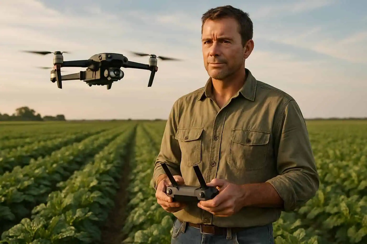 A confident man in work attire operates a quadcopter drone over lush agricultural fields, showcasing modern farming technology. A confident man in work attire operates a quadcopter drone over lush agricultural fields, showcasing modern farming technology.