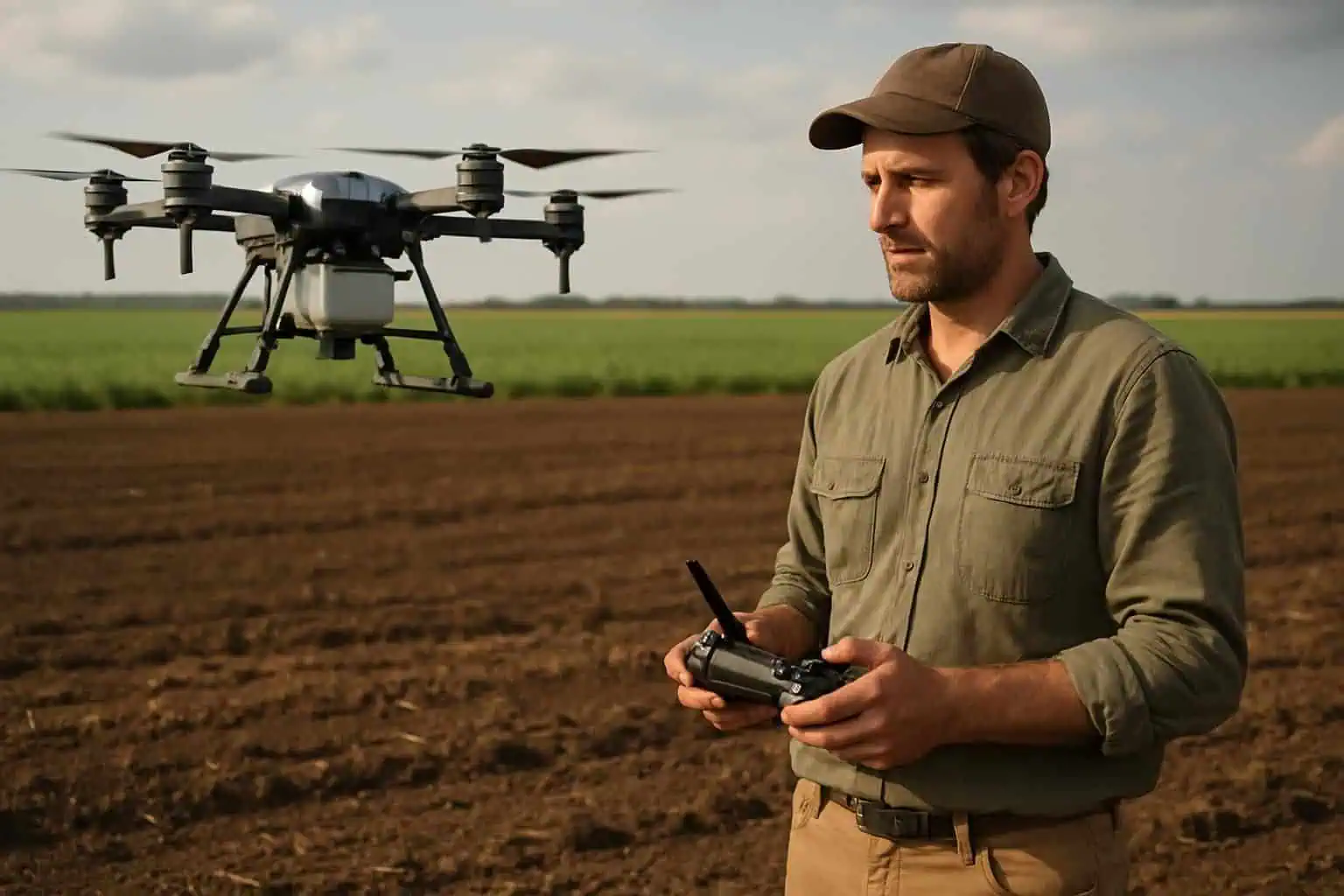 A man operates a high-tech spraying drone over freshly tilled farmland, showcasing modern farming practices. A man operates a high-tech spraying drone over freshly tilled farmland, showcasing modern farming practices.