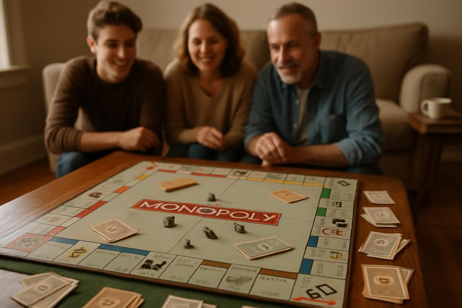A worn Monopoly board is set up for a family game, surrounded by game pieces and relaxed, smiling players. A worn Monopoly board is set up for a family game, surrounded by game pieces and relaxed, smiling players.