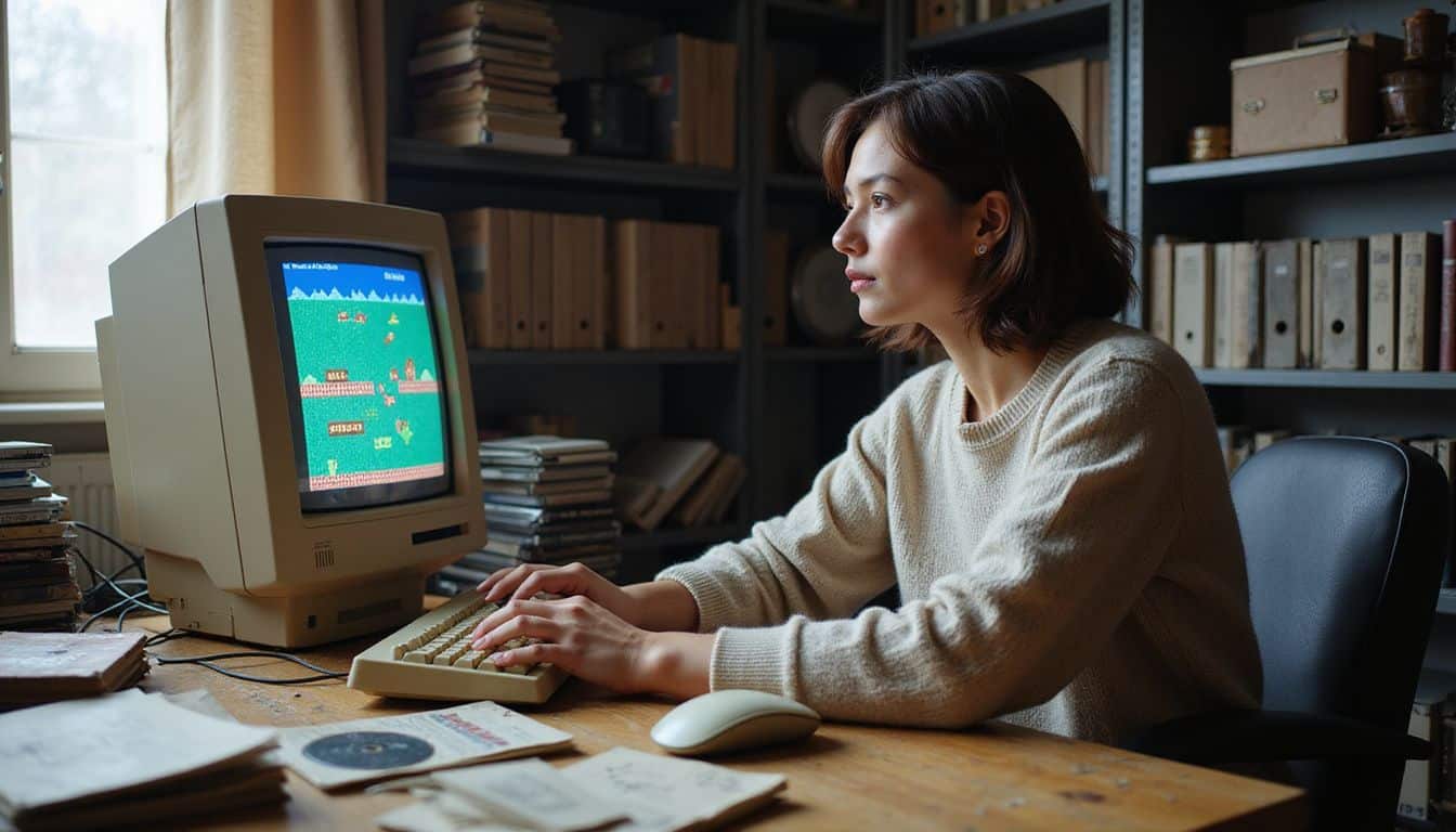 A person engages with vintage computer equipment at a worn wooden desk, immersed in a colorful retro flash game. A person engages with vintage computer equipment at a worn wooden desk, immersed in a colorful retro flash game.
