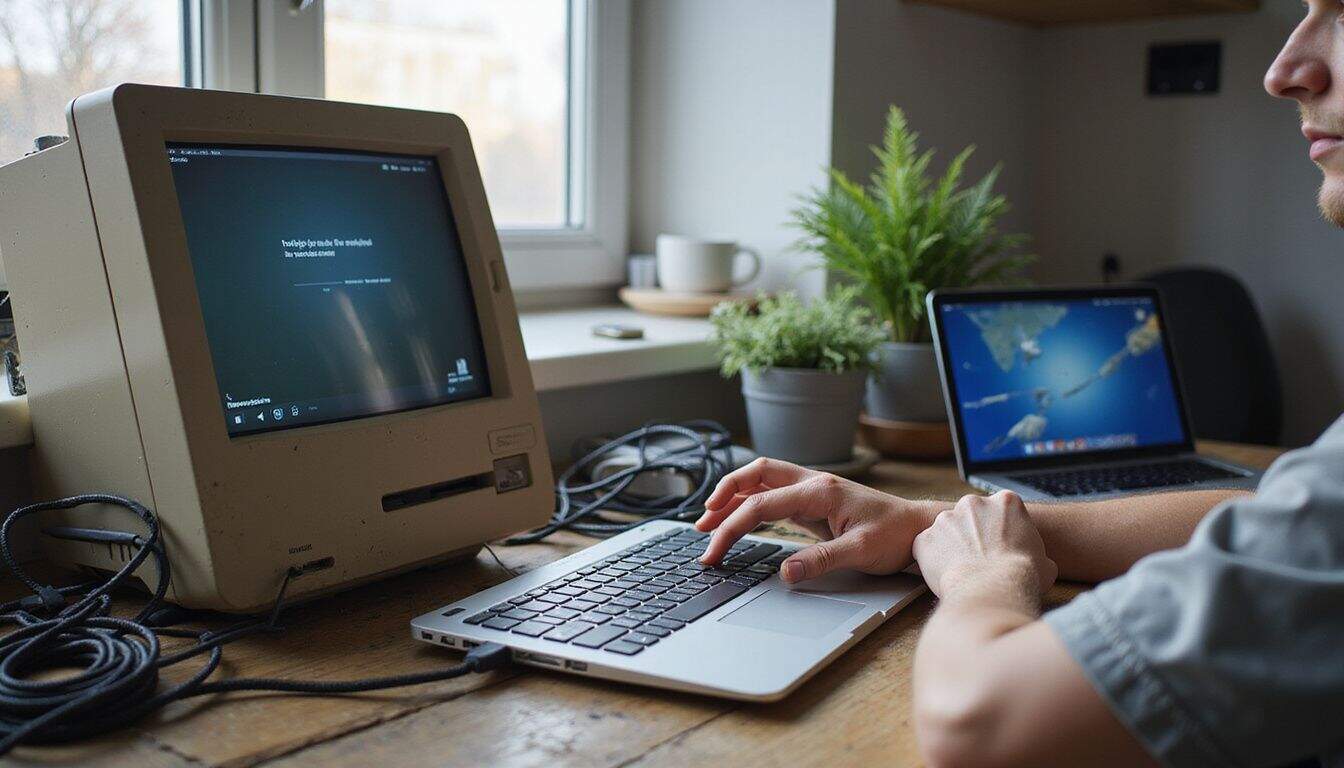 A cluttered desk features an old desktop and a sleek laptop, with a focused person engaged in work.