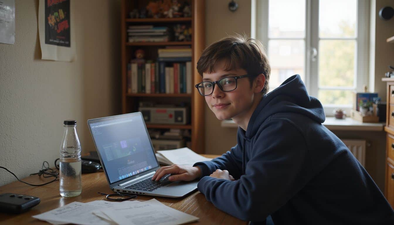 A teenage boy sits at a cluttered desk, focused on playing a classic Flash game on his laptop. A teenage boy sits at a cluttered desk, focused on playing a classic Flash game on his laptop.